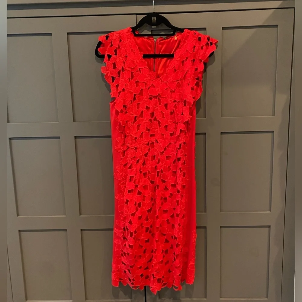 Elie Tahari Morgan Red Macrame Lace Overlay Dress - Picture 2 of 14